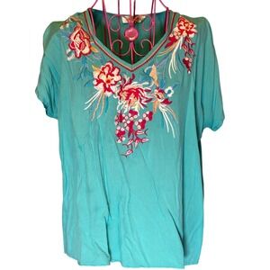 Antropologie Solitaire Teal Embroidered V Neck Short Sleeve Tunic Top Women's S